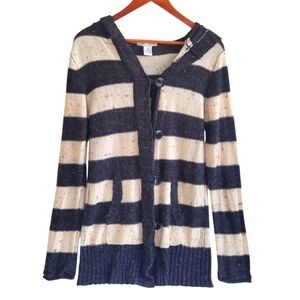 Outlander Striped Cardigan Hooded Sweater Gray Cream Womens Medium